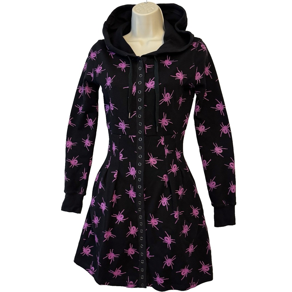 Betsey Johnson Y2K Spider Thermal Dress Sz XS Black Pink Goth Witchy Hoodie
